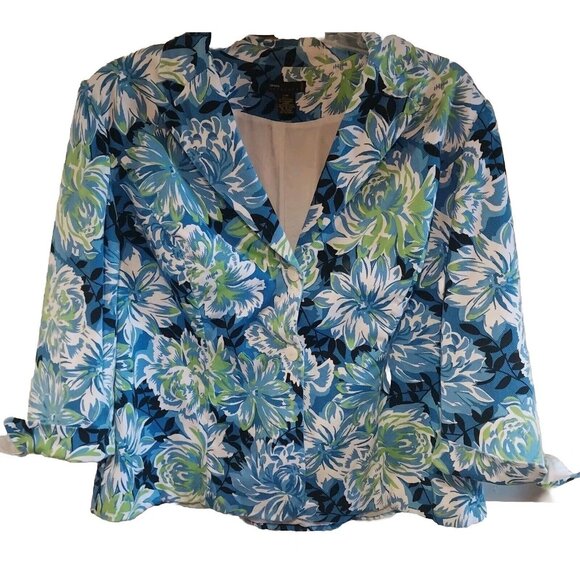 Grace Elements Woman Floral Blazer 22W Blue & Green Cotton Blend Office Y2K - Picture 1 of 4